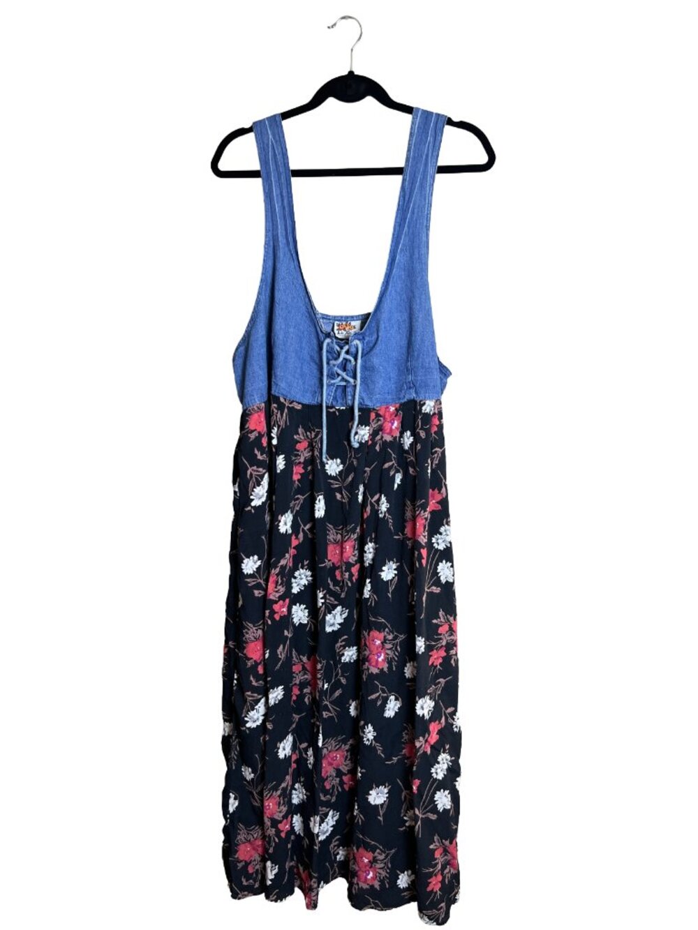 Vintage La Femme Denim Floral Lace Up Dress 90s Boho Pockets 1X